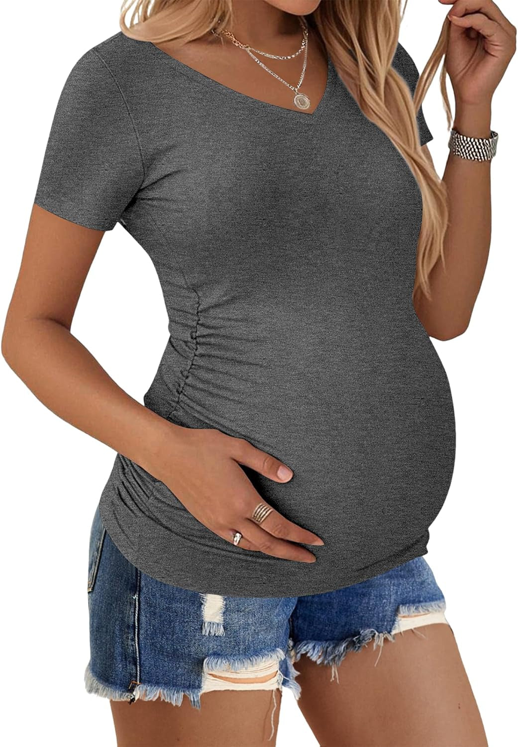 Ekouaer Maternity Shirts V Neck Short Sleeve Side Ruched Tops Tunic Casual Pregnancy Clothes S-XXL