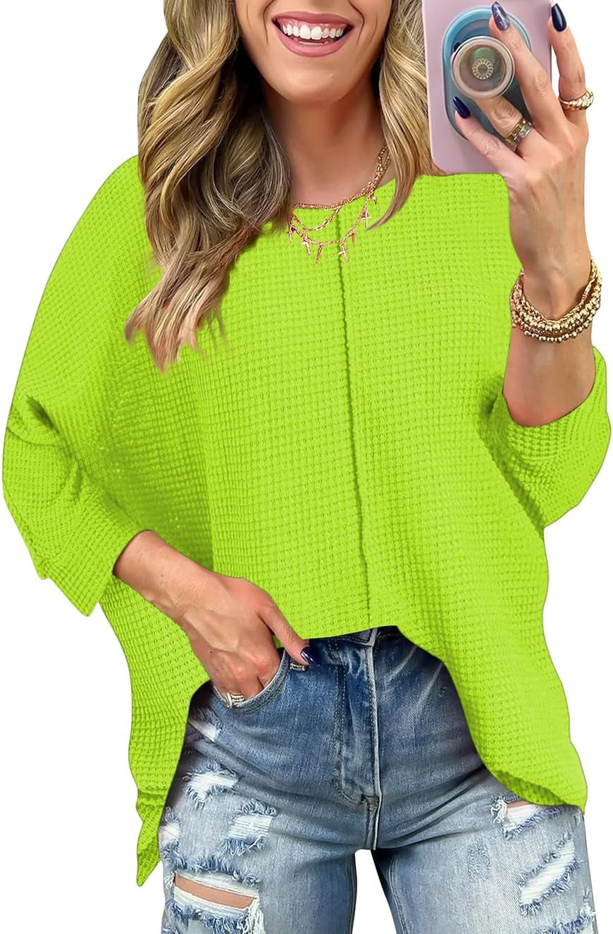Poetsky Womens 2025 Spring 3/4 Sleeve Crewneck Waffle Knit Shirt Loose Casual Side Split Tunic Tops