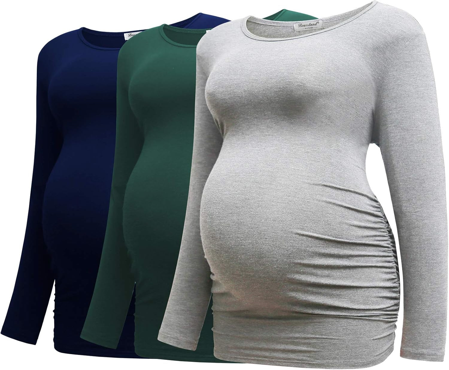 Bearsland Womens Maternity Long Sleeve Tshirt 3 Packs Classic Side Ruched Tee Top Mama Pregnancy Clothes