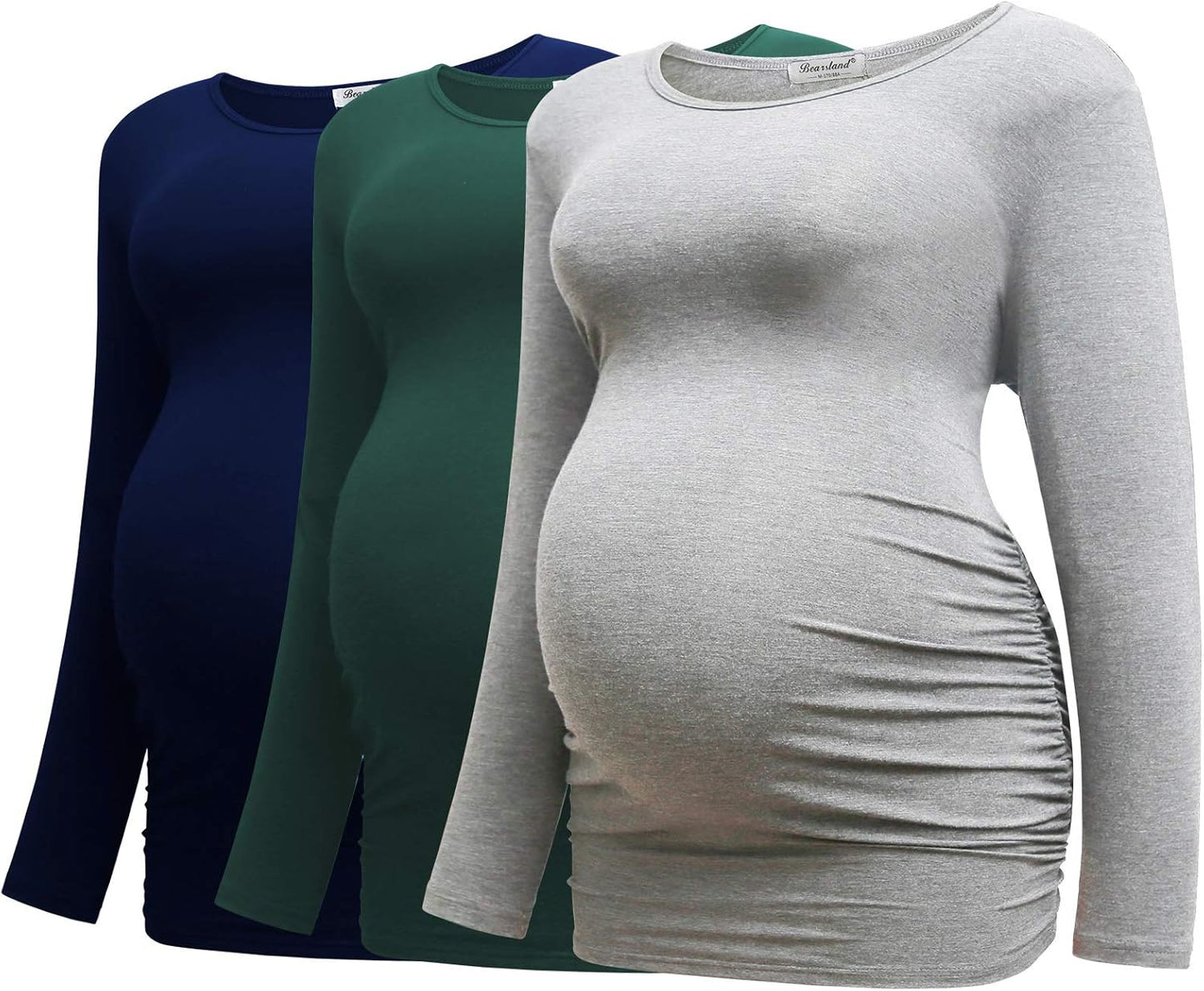Bearsland Womens Maternity Long Sleeve Tshirt 3 Packs Classic Side Ruched Tee Top Mama Pregnancy Clothes