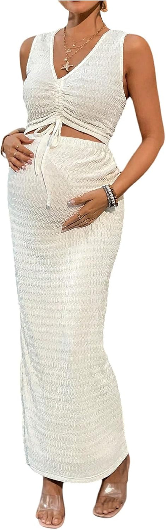 Milumia Women'S Maternity 2 Piece Outfits Textured Drawstring Tie Knot Tank Top Bodycon Maxi Skirt Sets