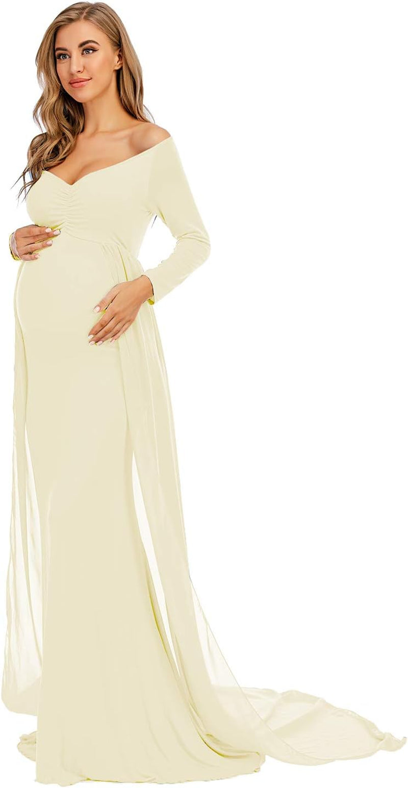 ZIUMUDY Maternity off Shoulder Long Sleeve Fitted Gown Maxi Chiffon Dress for Photo Shoot Baby Shower