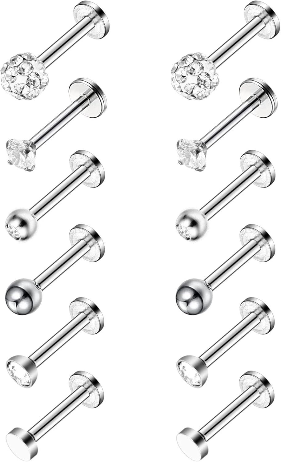 Sumind Nose Studs 16G Tragus Piercing Jewelry Tragus Earrings Lip Rings Diamond Crystal Stainless Steel Labret Bars Body Piercing Jewelry, 6 Designs