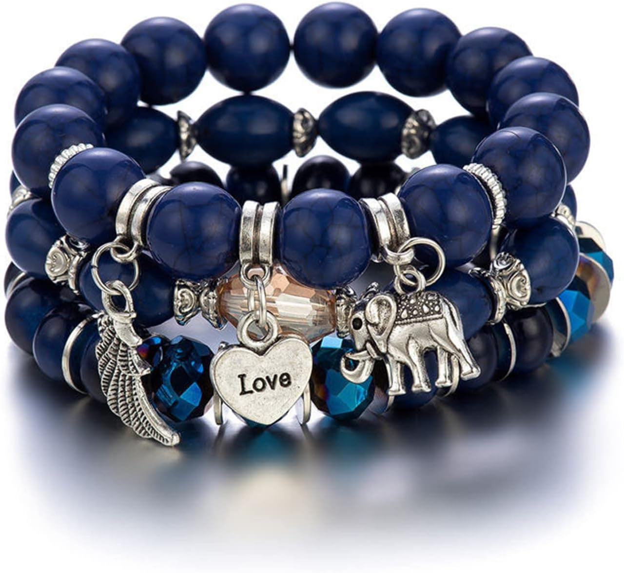 Caiyao Bohemian Stackable Wood Wooden Beads Elephant Charm Tassel Stretchy Bracelet Set for Women Men Multilayered Multicolor Acrylic Resin Seeds Bracelet Ethnic Jewelry Gift