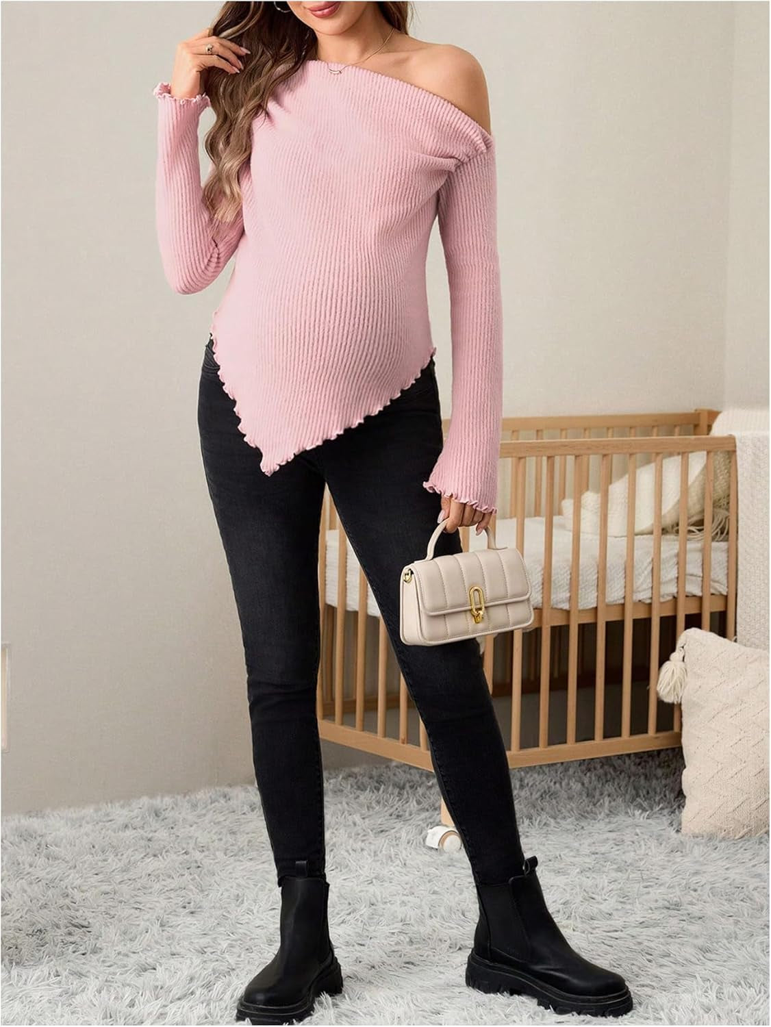 Makemechic Women'S Maternity Tops One Shoulder Ruched Asymmetrical Lettuce Trim Pregnancy Rib Knit Tee Shirt