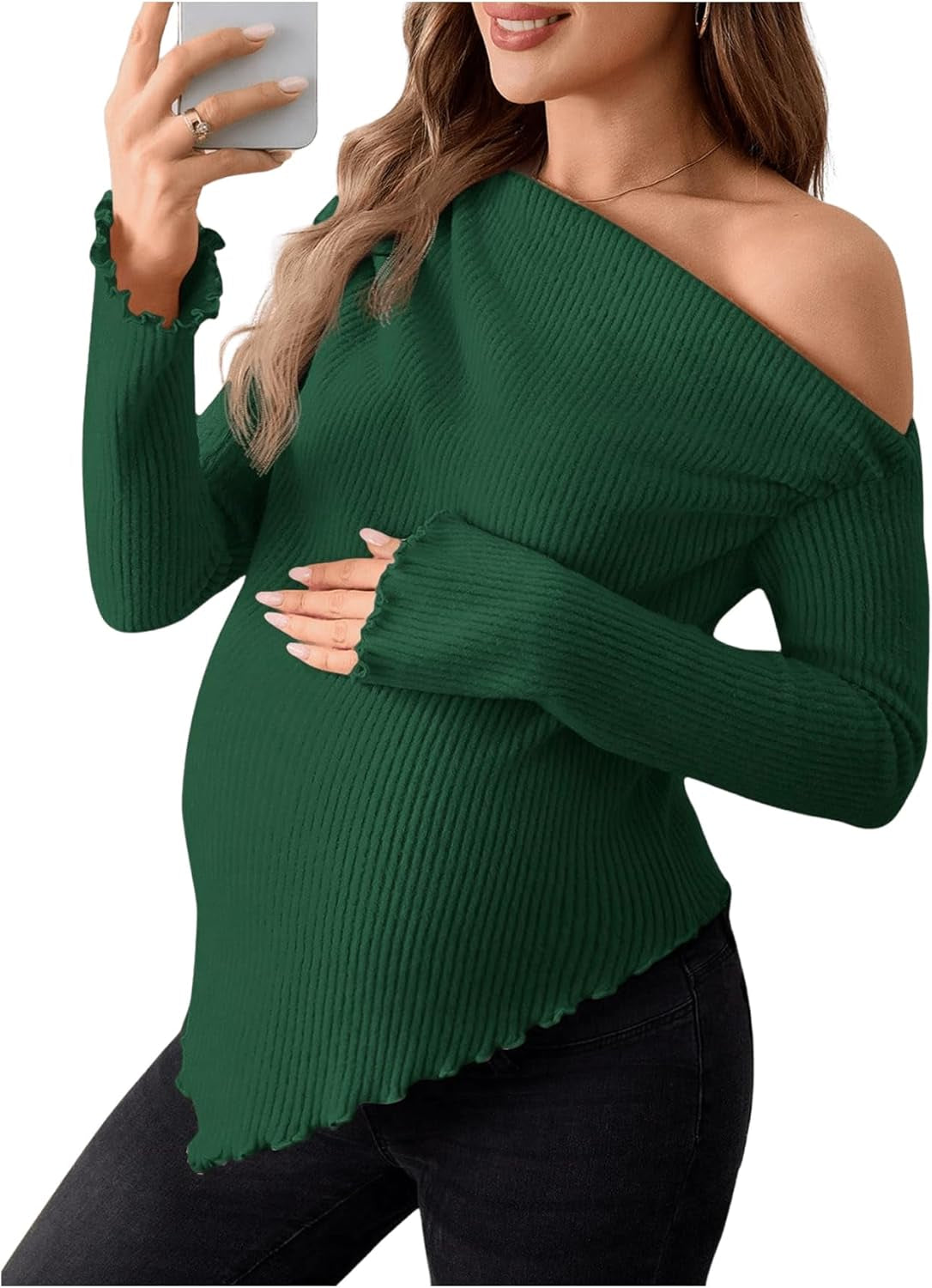 Makemechic Women'S Maternity Tops One Shoulder Ruched Asymmetrical Lettuce Trim Pregnancy Rib Knit Tee Shirt