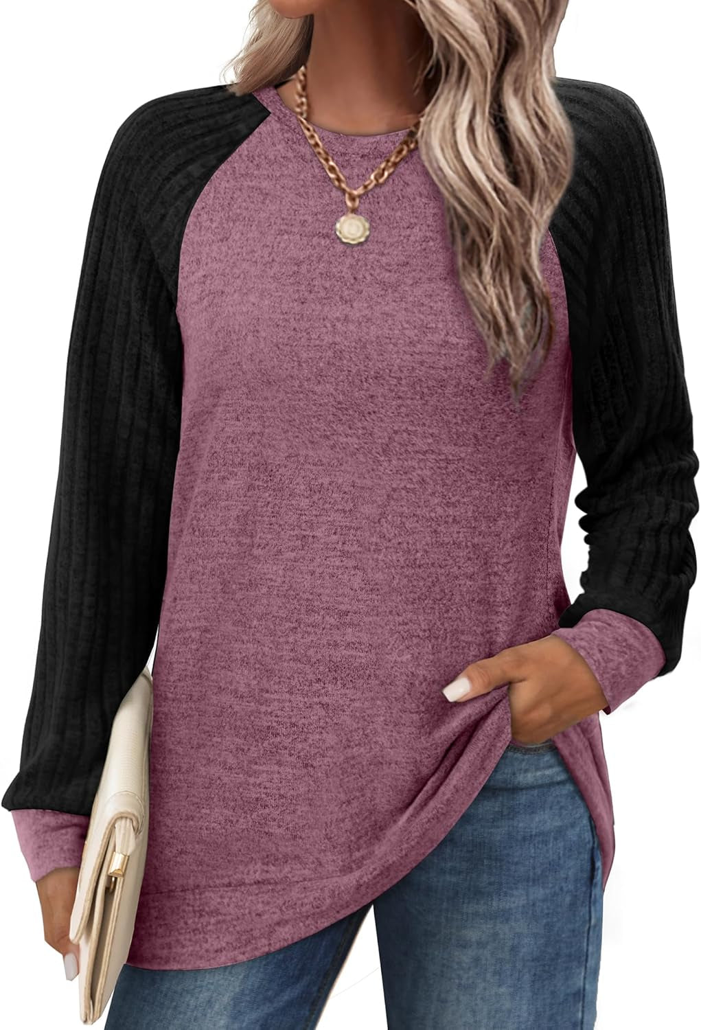 Saloogoe Tunic Sweatshirts for Women Crewneck Lightweight Sweaters Raglan Long Sleeve Shirts Fall Fashion Tops 2024