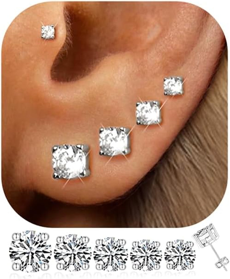 5 Pairs 14K Gold Plated Stud Earrings for Women, Hypoallergenic Earring Sets for Multiple Piercing, Premium Cubic Zirconia Studs Earrings for Women