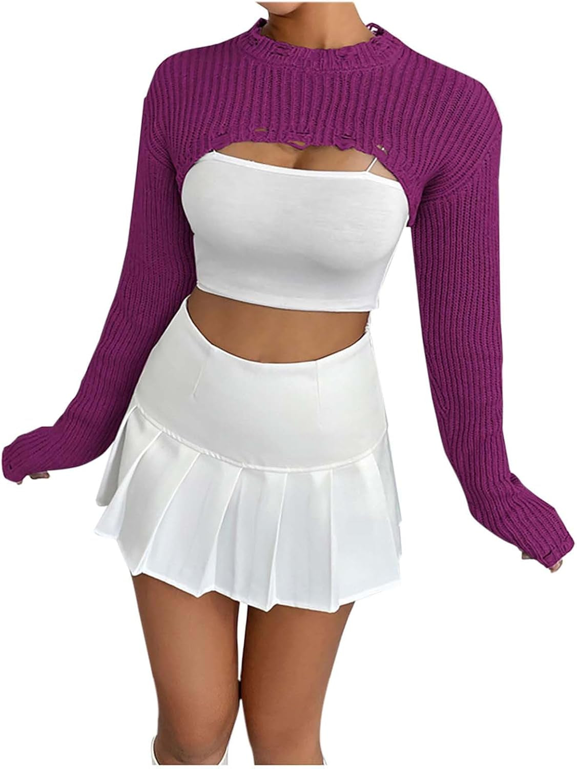 Hgps8W Women'S Cropped Sweater, Sexy Ripped Long Sleeve Crewneck Loose Pullover Knitwear Tops