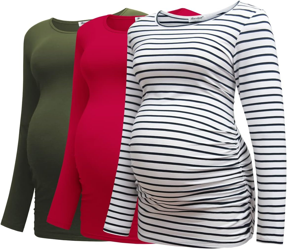 Bearsland Womens Maternity Long Sleeve Tshirt 3 Packs Classic Side Ruched Tee Top Mama Pregnancy Clothes