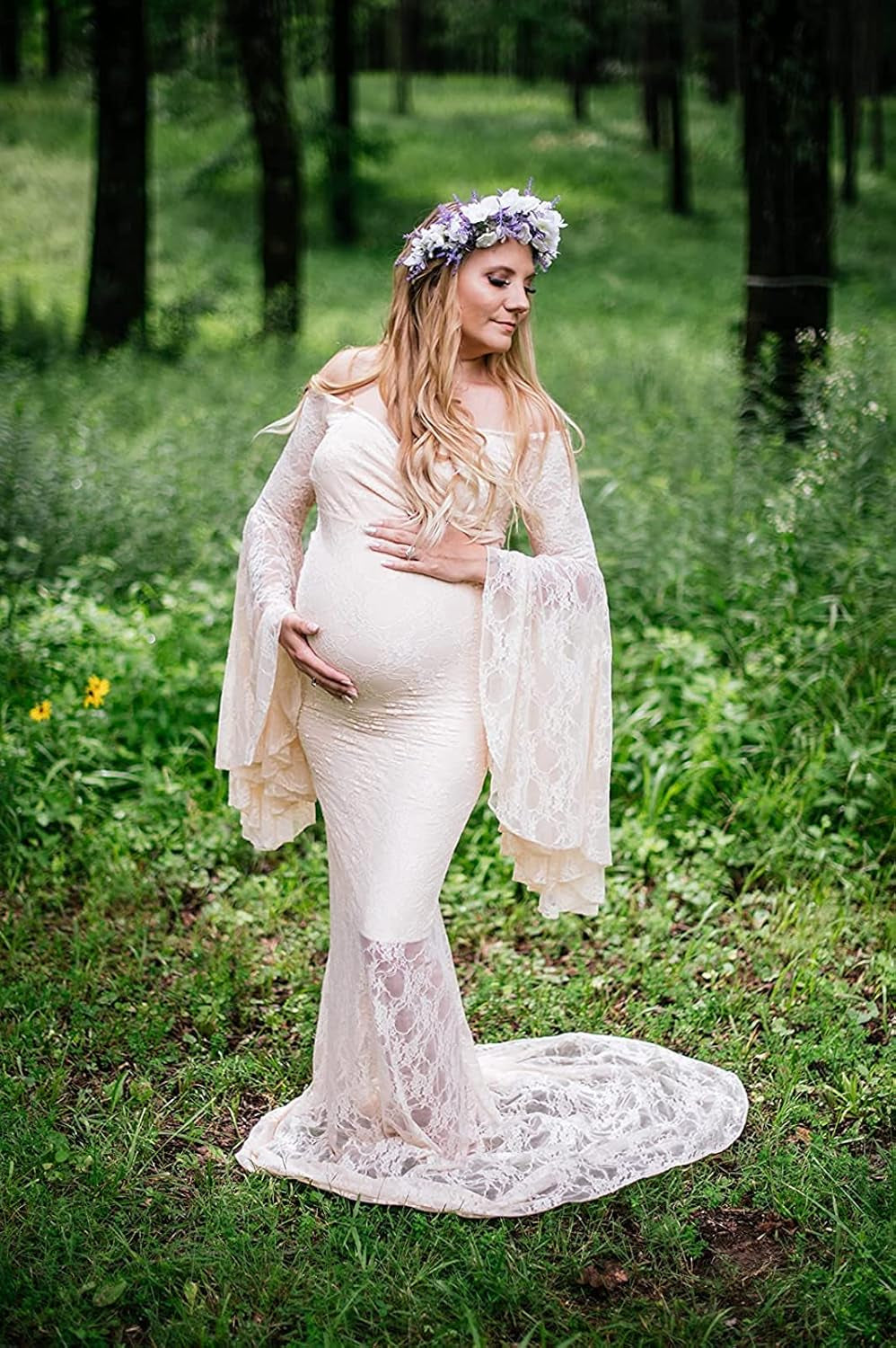 Saslax off Shoulder Lace Maternity Dress for Photography Maxi Maternity Props Dresses for Photo Shoot Baby Shower