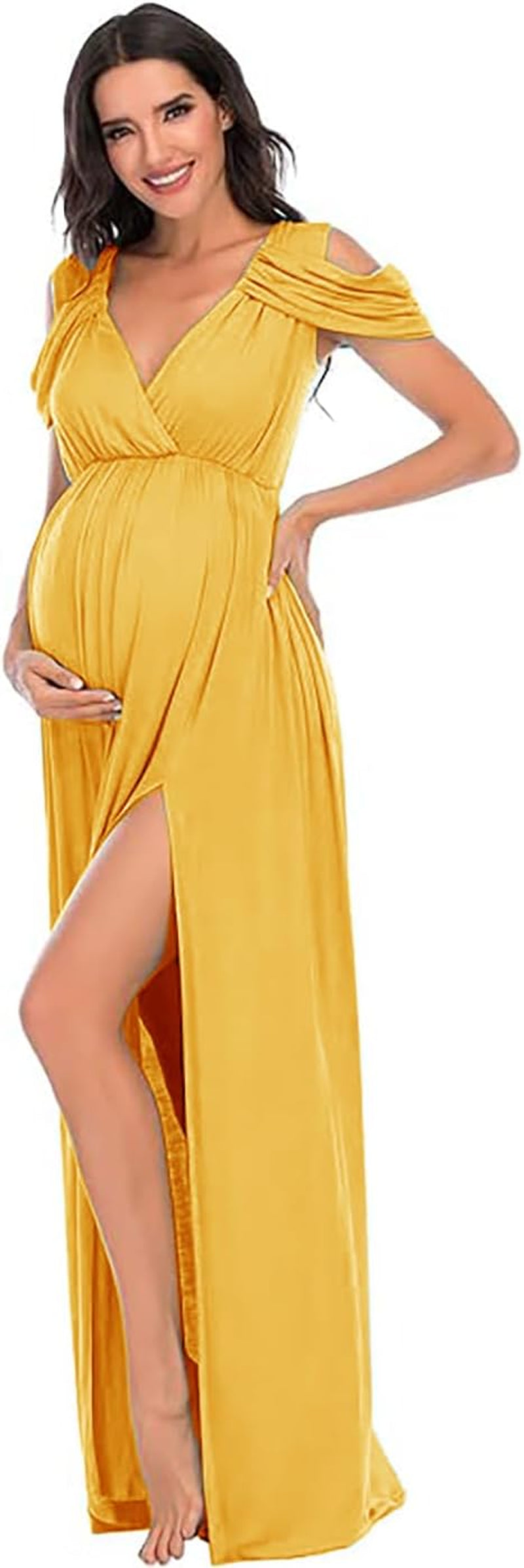 ZIUMUDY Maternity off Shoulder V Neck Wraped Photography Photoshoot Dress Maxi Baby Shower Dress