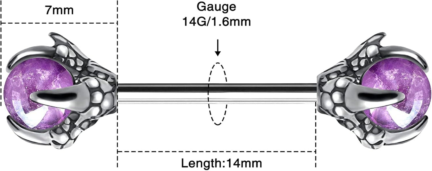 OUFER 14G Dragon Claw Nipple Rings with Natural Stone - 316L Stainless Steel Piercing Jewelry for Women