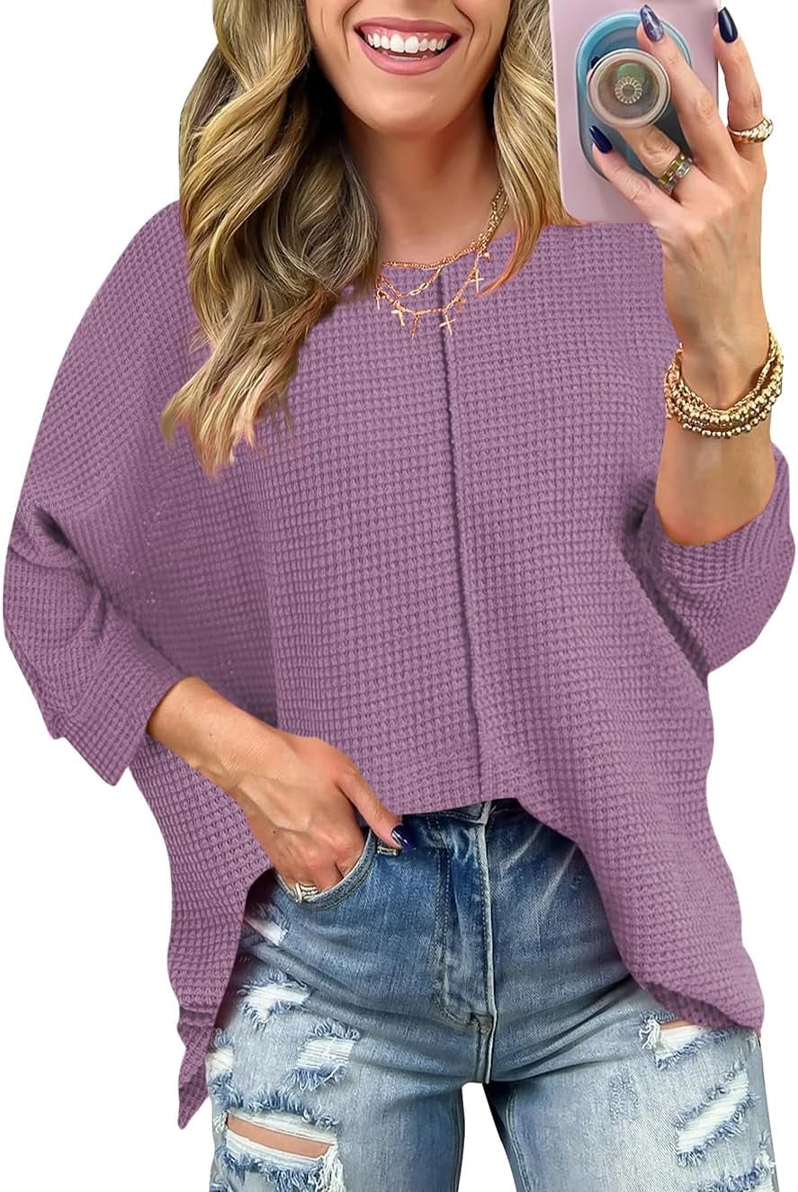 Poetsky Womens 2025 Spring 3/4 Sleeve Crewneck Waffle Knit Shirt Loose Casual Side Split Tunic Tops