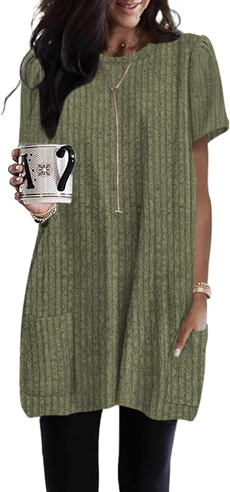 Naggoo Summer Womens Tunic Tops for Leggings with Pockets Loose Fit Short Sleeve Casual Long T Shirts