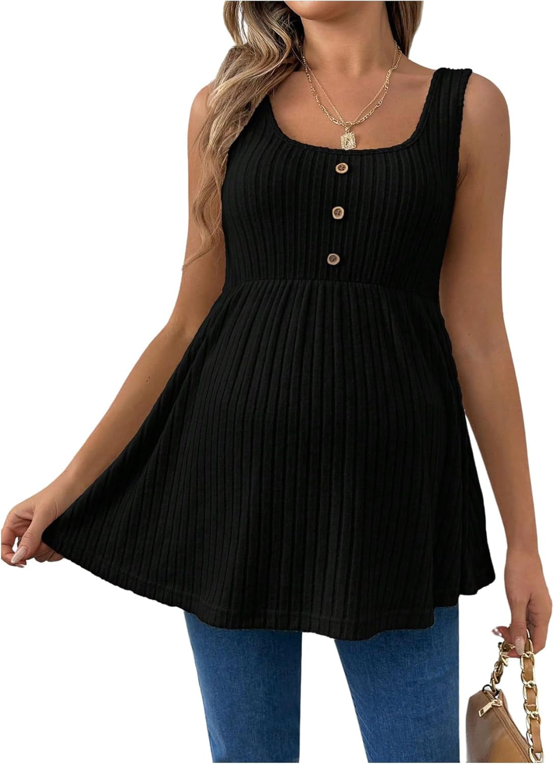 Makemechic Women'S Maternity Tank Tops Summer Rib Knitted Flared Hem Sleeveless Buttoned Pregnancy Shirt Tops