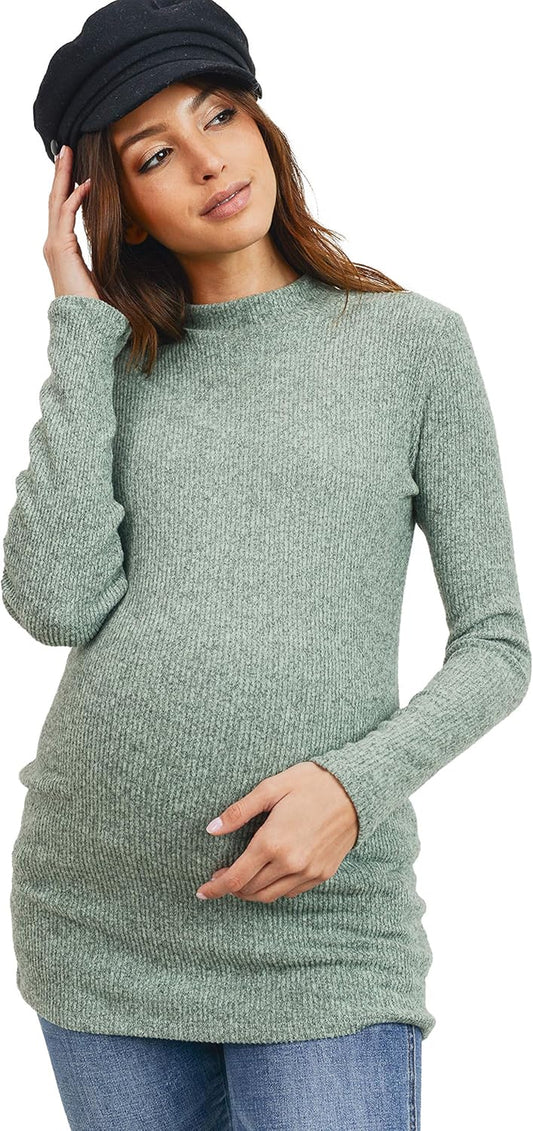 Women'S Knit Ribbed Maternity Top with Mock Neck Long Sleeve