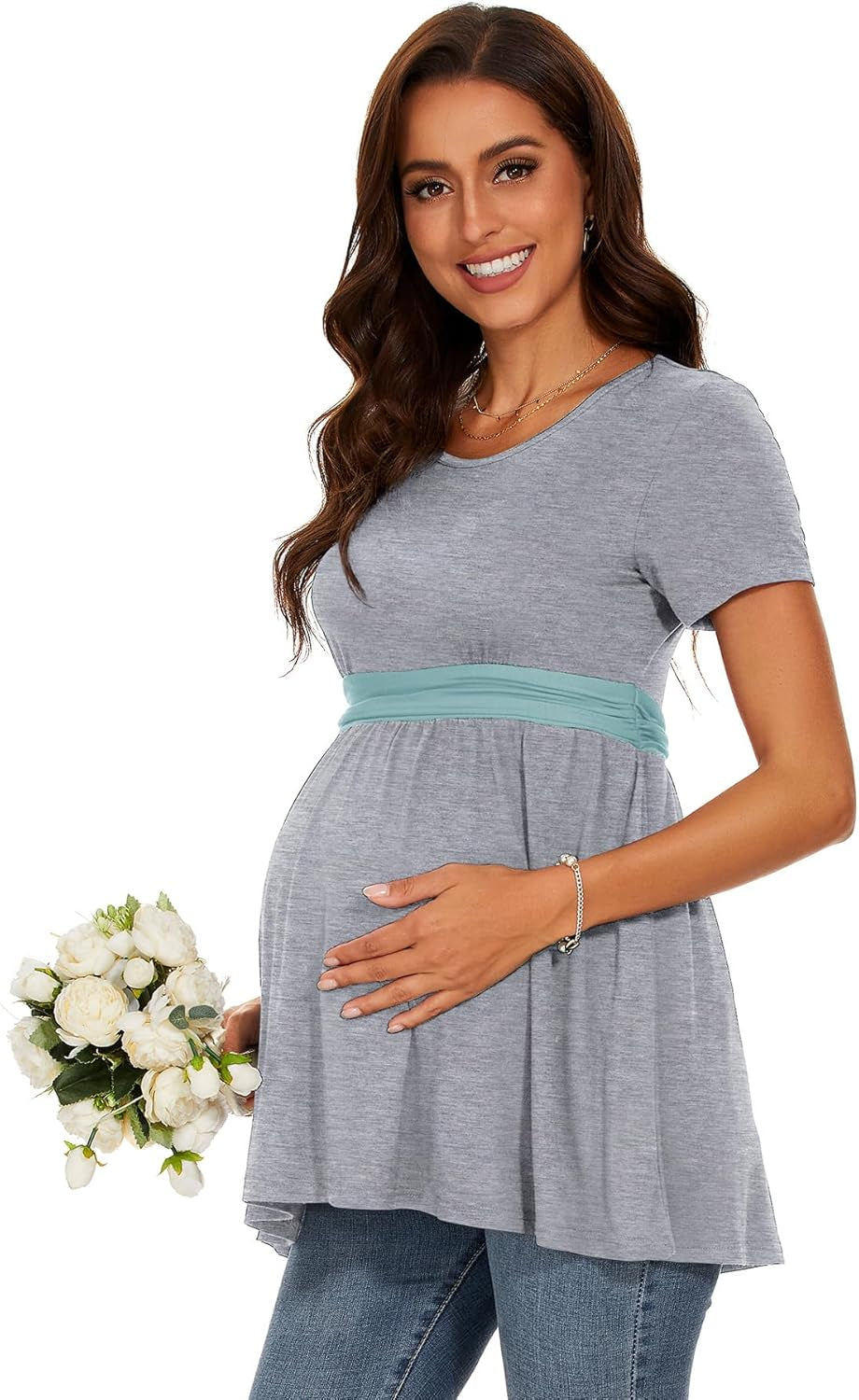 Women'S Maternity Tops Short & Long Sleeve Pleated Waist Shirts Pregnancy Clothes
