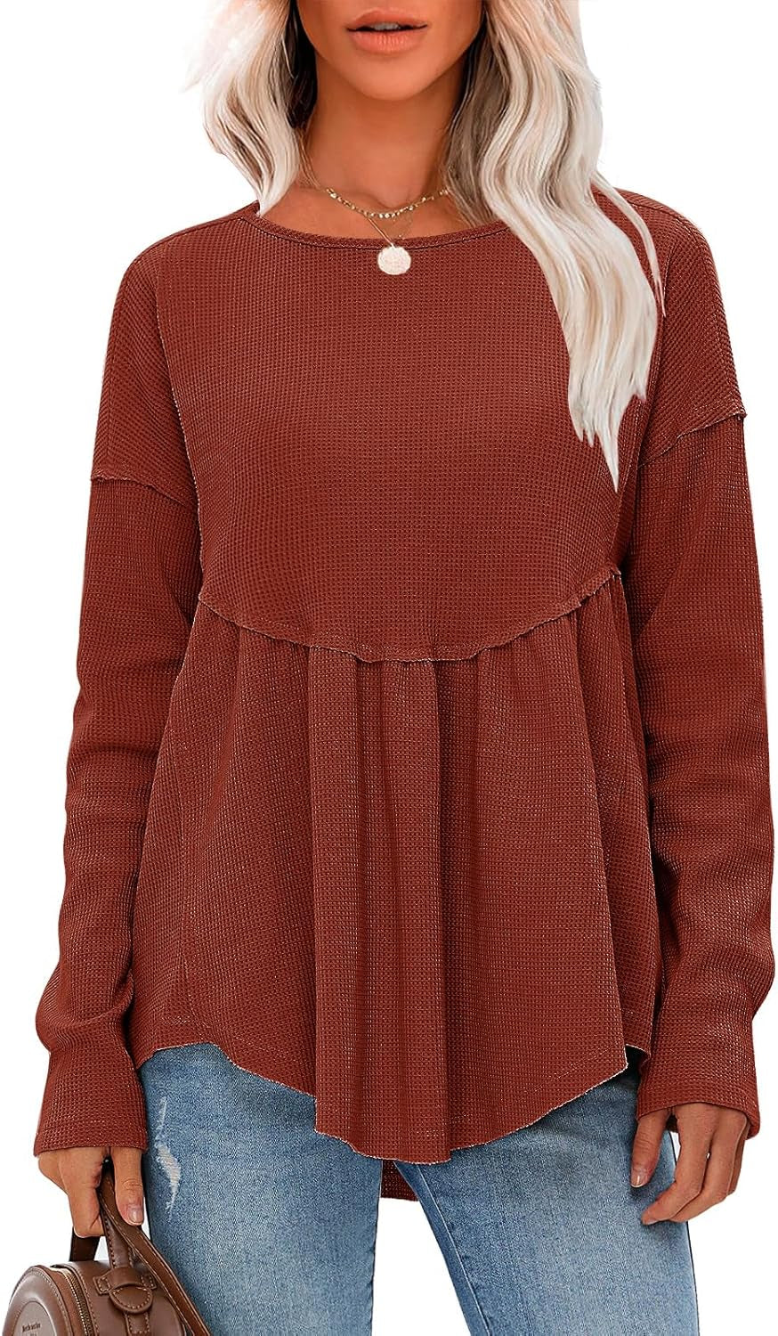 EXLURA Waffle Knit Long Sleeve Shirts for Womens Crewneck Loose Babydoll Tunic Tops Maternity Tops Fall Fashion 2025 Clothes