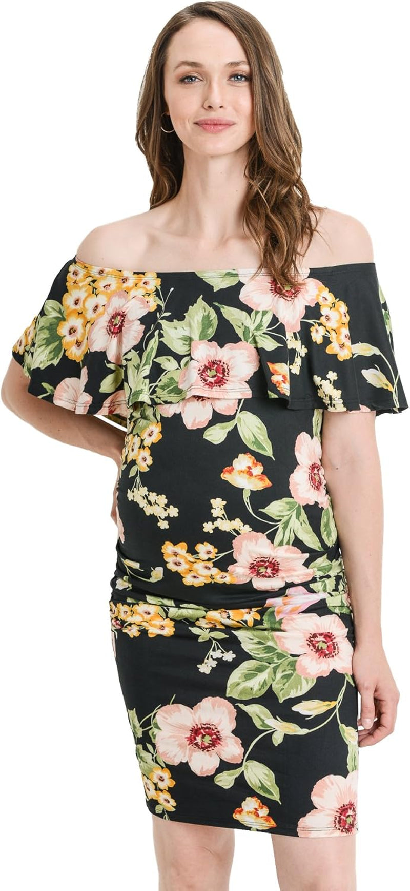 Hello MIZ Women'S Floral Ruffle off Shoulder Maternity Dress - Made in USA