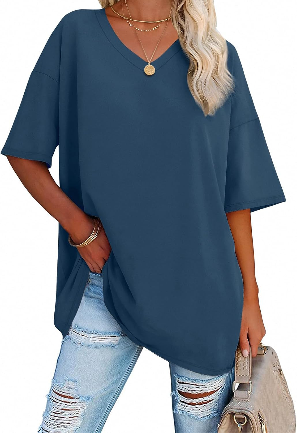 ATHMILE Womens Summer Oversized Shirts V Neck Business Casual Workout Tops Beach Vacation 2025 Gym Clothes