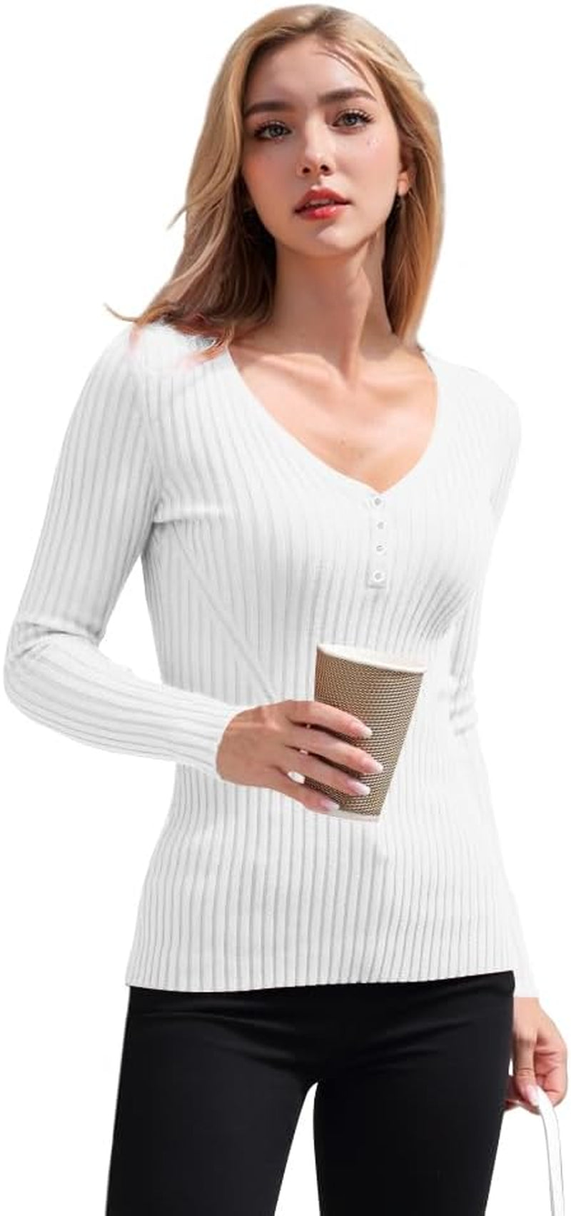 V28 Women Tops Long Sleeve V Neck Henley Button up Casual Sexy Slim Fit Ribbed Knit Knitwear Pullover Sweater