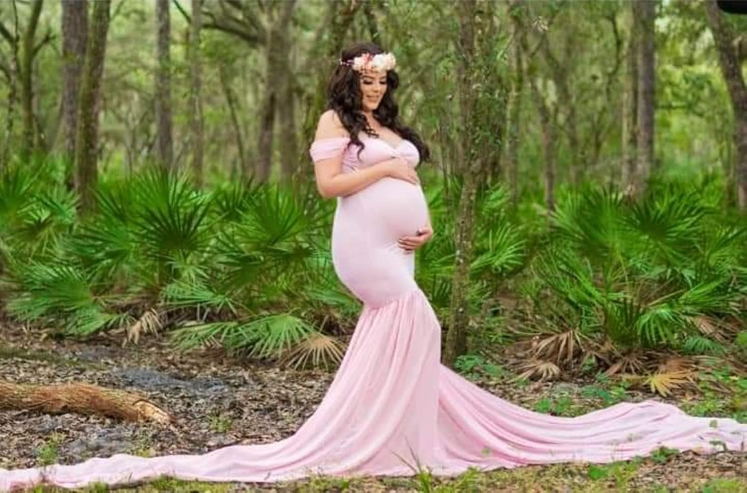 ZIUMUDY Maternity Chiffon Mermaid Gown off Shoulder Dropped Sleeve Fitted Photo Shoot Photography Dress