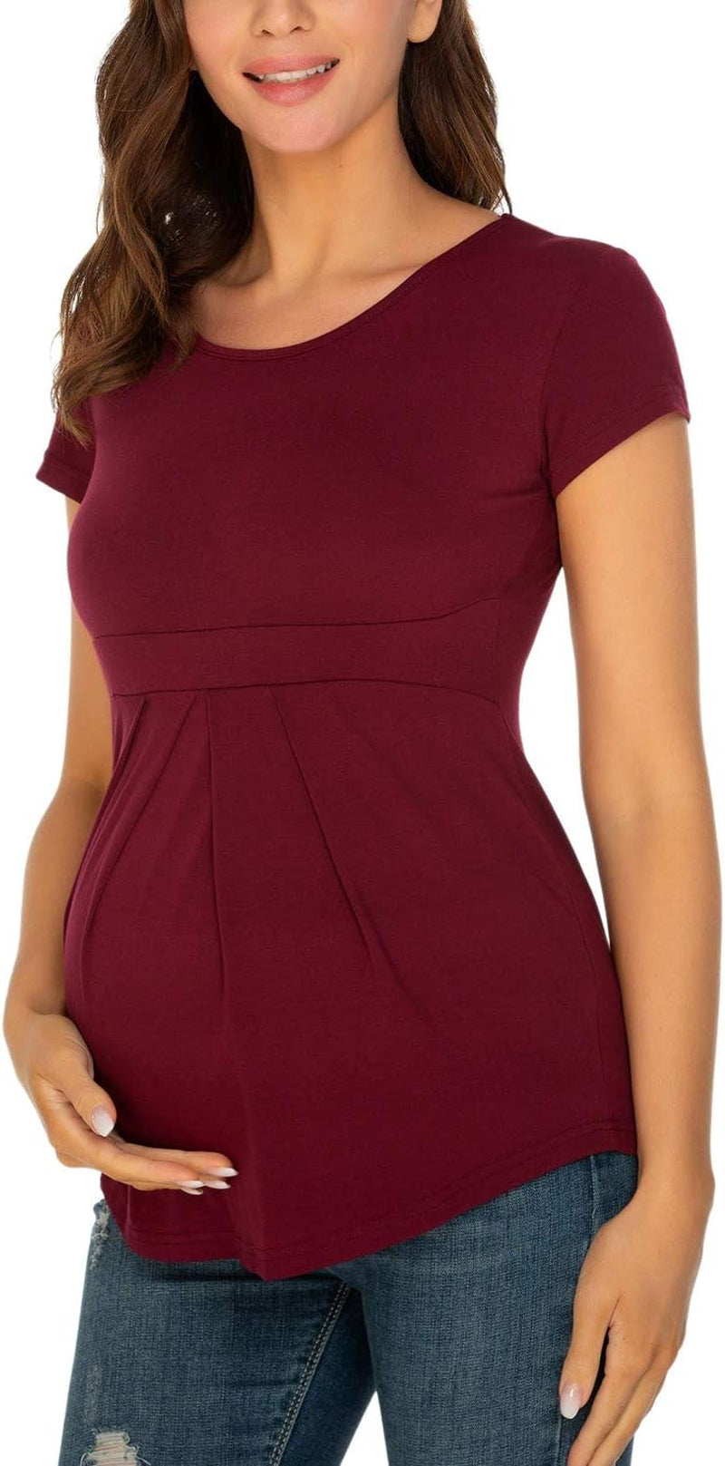 Glampunch Women'S Maternity Tops Short & 3/4 Sleeve round Neck Front Pleat Peplum Tunic Top Pregnancy Shirts