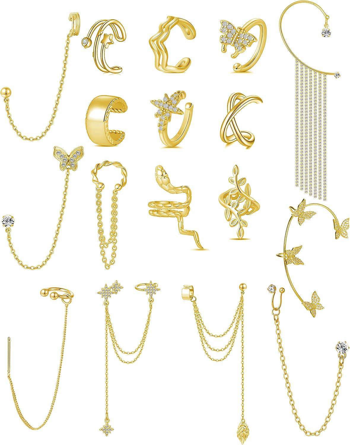 Tornito 17Pcs Ear Cuffs Chain Earrings Snake Butterfly Leaf Non Piercing Clip on Earring Fake Helix Cartilage Earrings Ear Clip Jewelry Silver Gold Tone