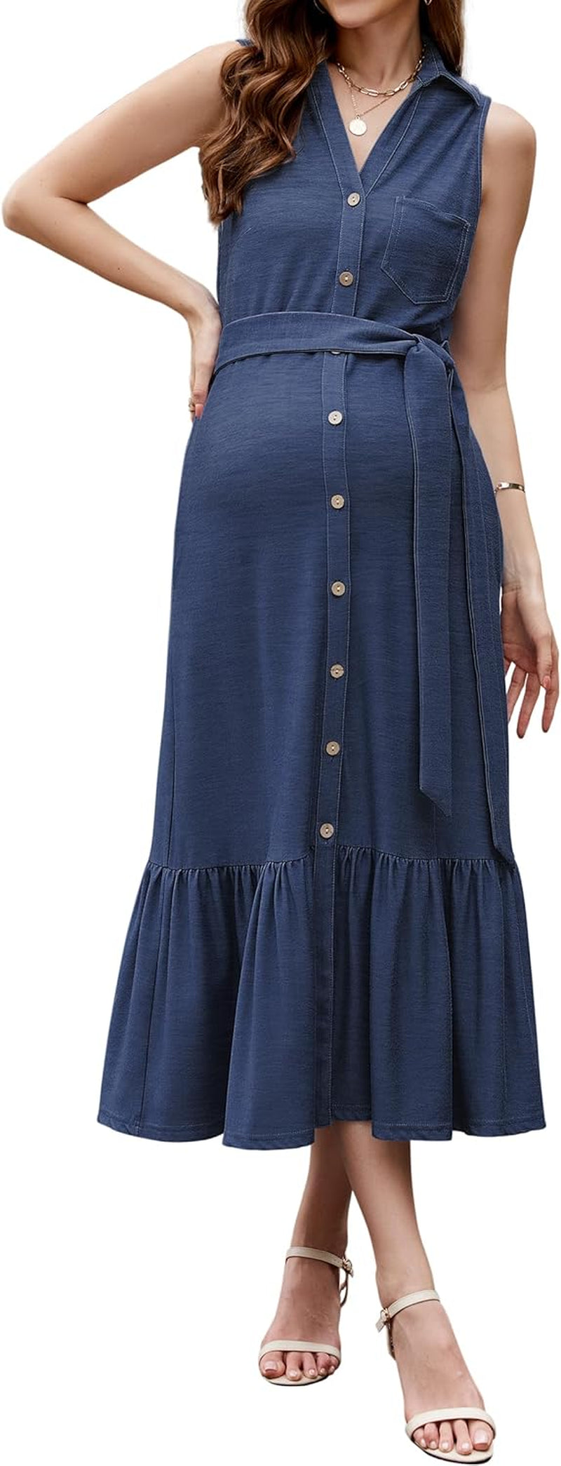 OUGES Womens 2025 Spring Maternity Dress Polo V Neck Sleeveless Ruffle Button Pregnancy Casual Work Dress with Pockets