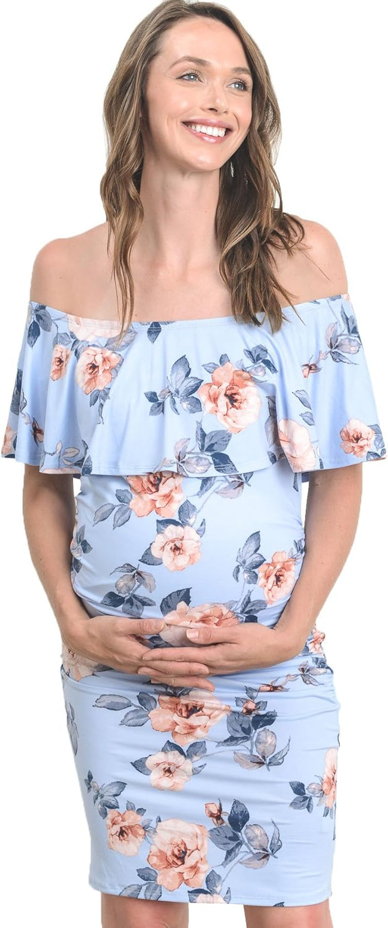 Hello MIZ Women'S Floral Ruffle off Shoulder Maternity Dress - Made in USA