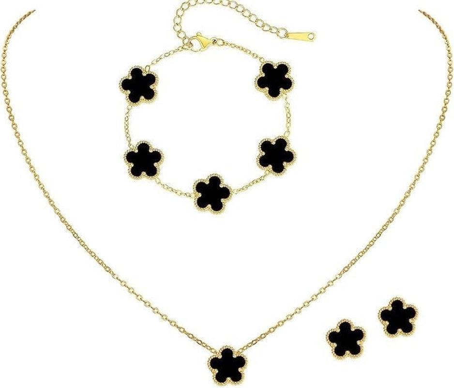 Generic 3 PCS Lucky Clover Necklace Set, 18K-Gold Plated Trendy Lucky Clover Bracelet, Necklace, Earrings Jewelry Set,Gifts for Mom, Wife, Daughter,Friends, Black