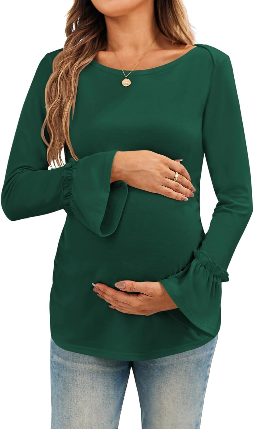 Women'S Maternity Shirts Bell Sleeve Pregnancy Tops Casual Boat Neck Maternity Clothes