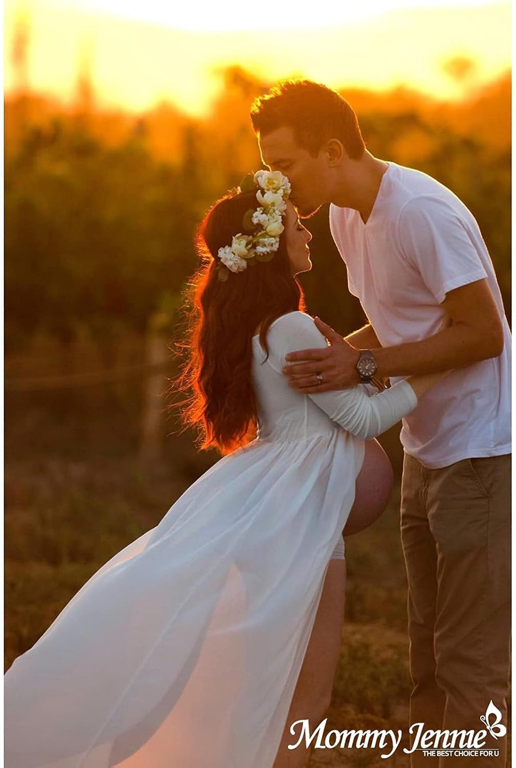 Mommy Jennie Maternity Dress off Shoulder Long Sleeve Split Front Chiffon Gown for Photoshoot