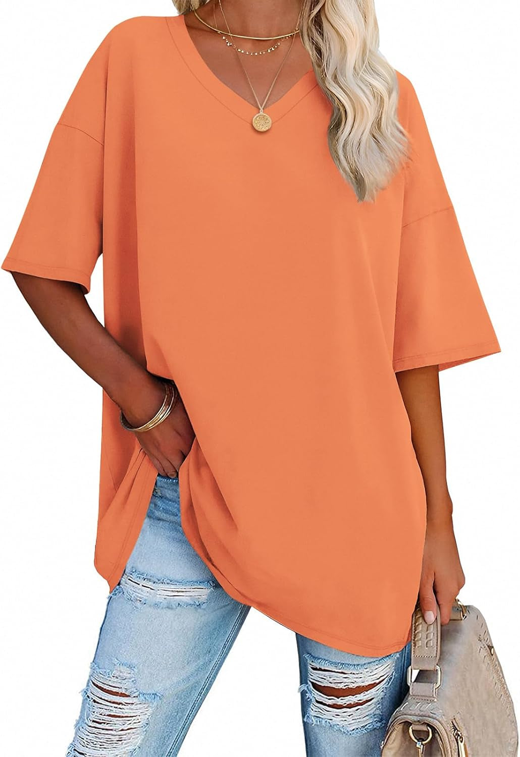 ATHMILE Womens Summer Oversized Shirts V Neck Business Casual Workout Tops Beach Vacation 2025 Gym Clothes