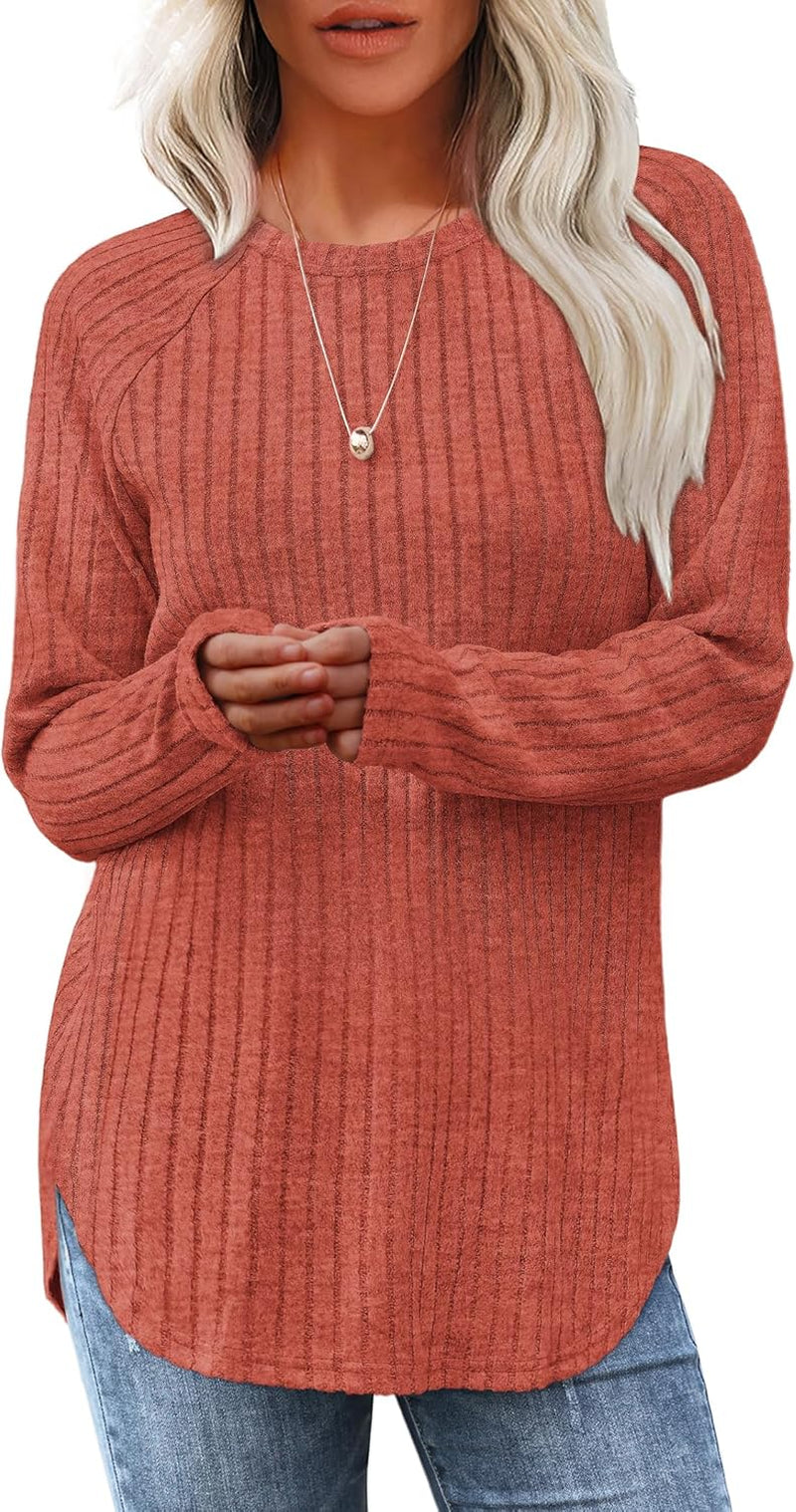 Saloogoe Long Sleeve Shirts for Women Tunic Tops for Women Loose Fit Dressy Crew Neck Pullover Basic Sweaters for Women 2024