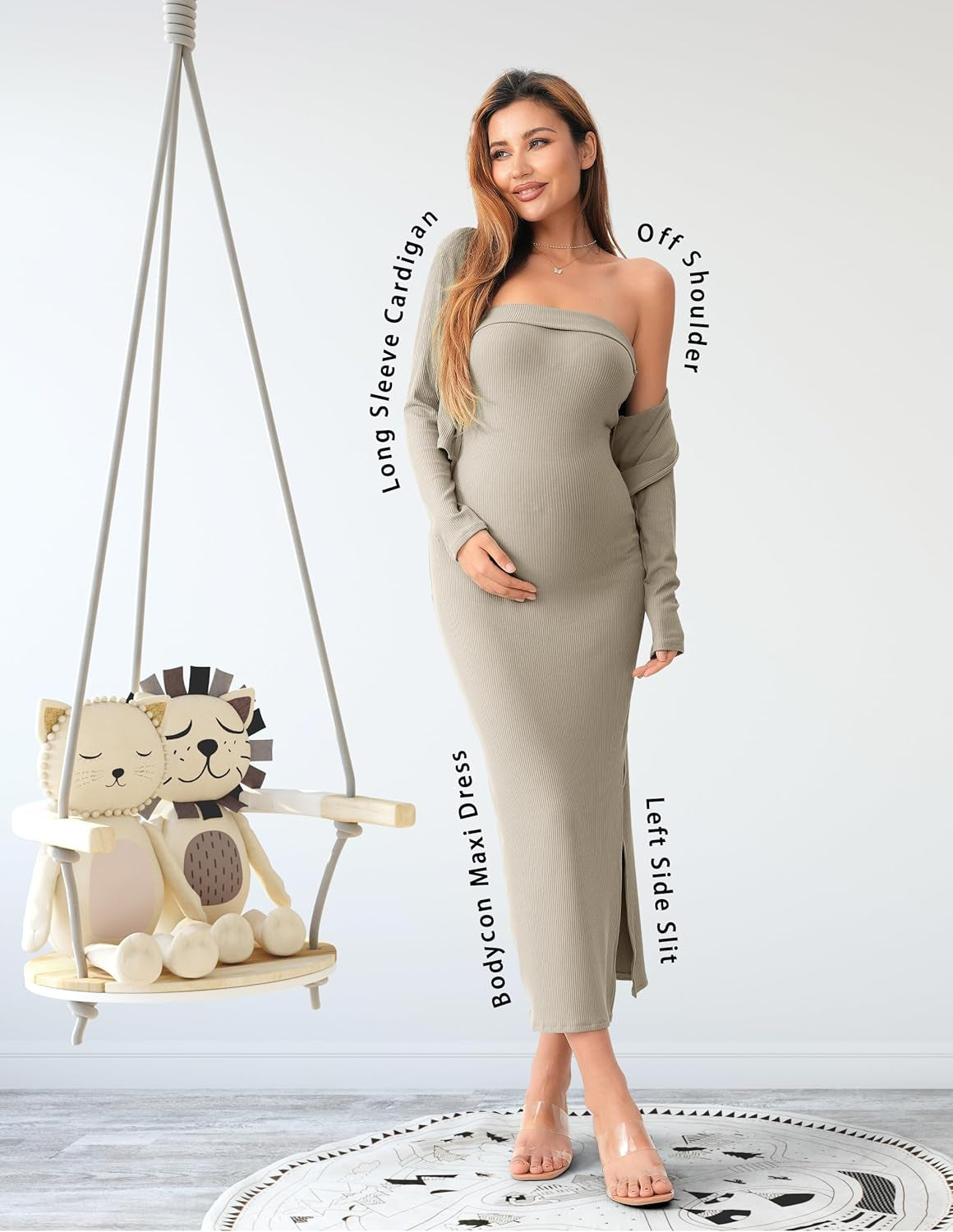SUNNYBUY Baby Shower Maternity Tube Dress Short Cardigan Bodycon Ribbed Maxi Dress Casual 2 Piece Pregnancy Outfit Set