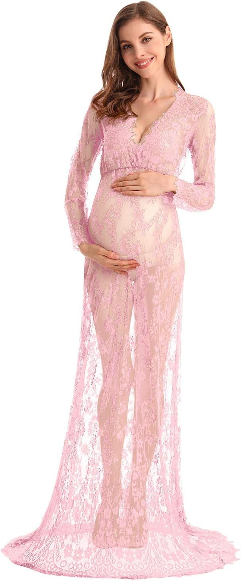 MYRISAM Boudoir Maternity Long Sleeve Lace Dress Women Deep V-Neck Wedding Party Long Dress Milk Bath Photoshoot Gown