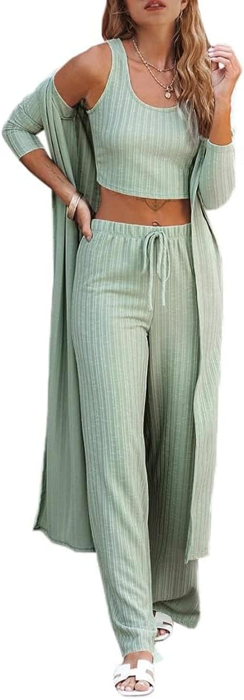 Fessceruna Womens 3 Piece Lounge Sets Pajamas Knit Long Sleeve Cardigan Crop Top Wide Leg Pants Loungewear Set