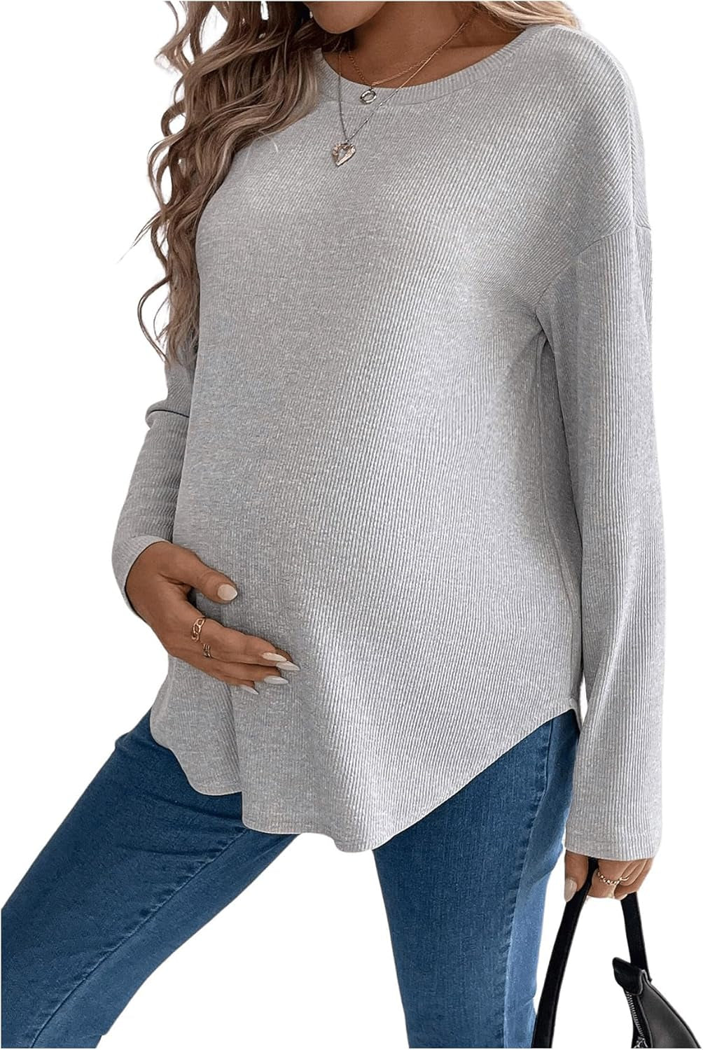 Makemechic Women'S Maternity Tee Shirt Long Sleeve round Neck Drop Shoulder Curved Hem Pregnancy Tops