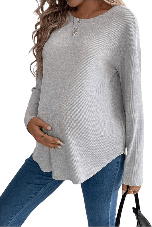 Makemechic Women'S Maternity Tee Shirt Long Sleeve round Neck Drop Shoulder Curved Hem Pregnancy Tops