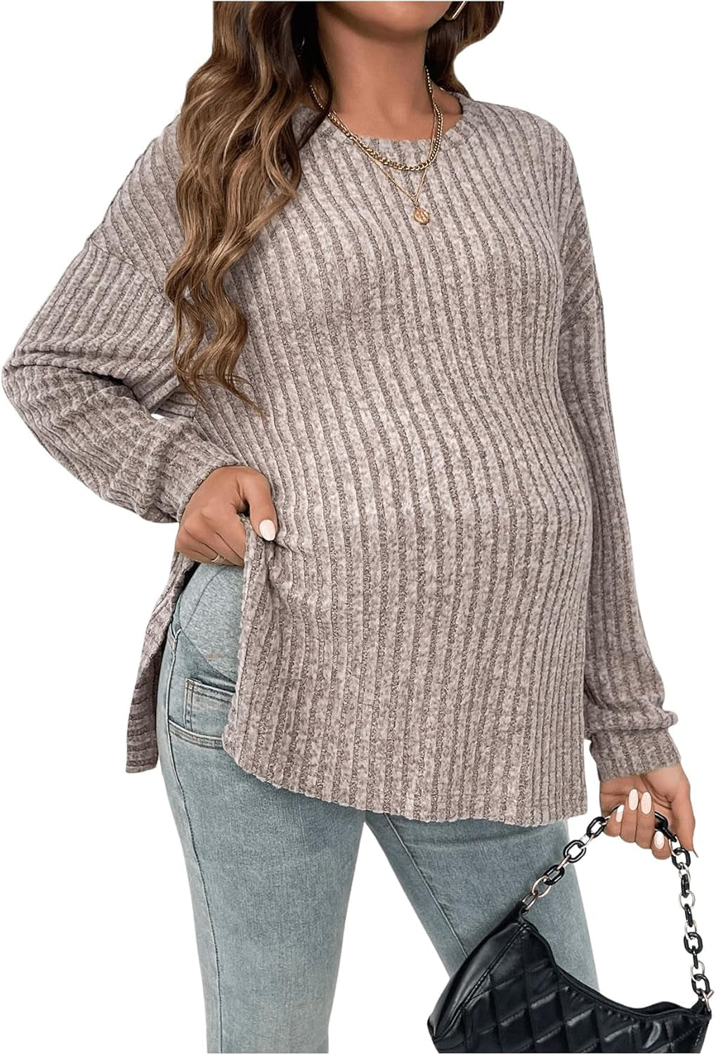 Makemechic Women'S Maternity Tee Shirt Long Sleeve round Neck Split Hem Rib Knitted Pregnancy Tops