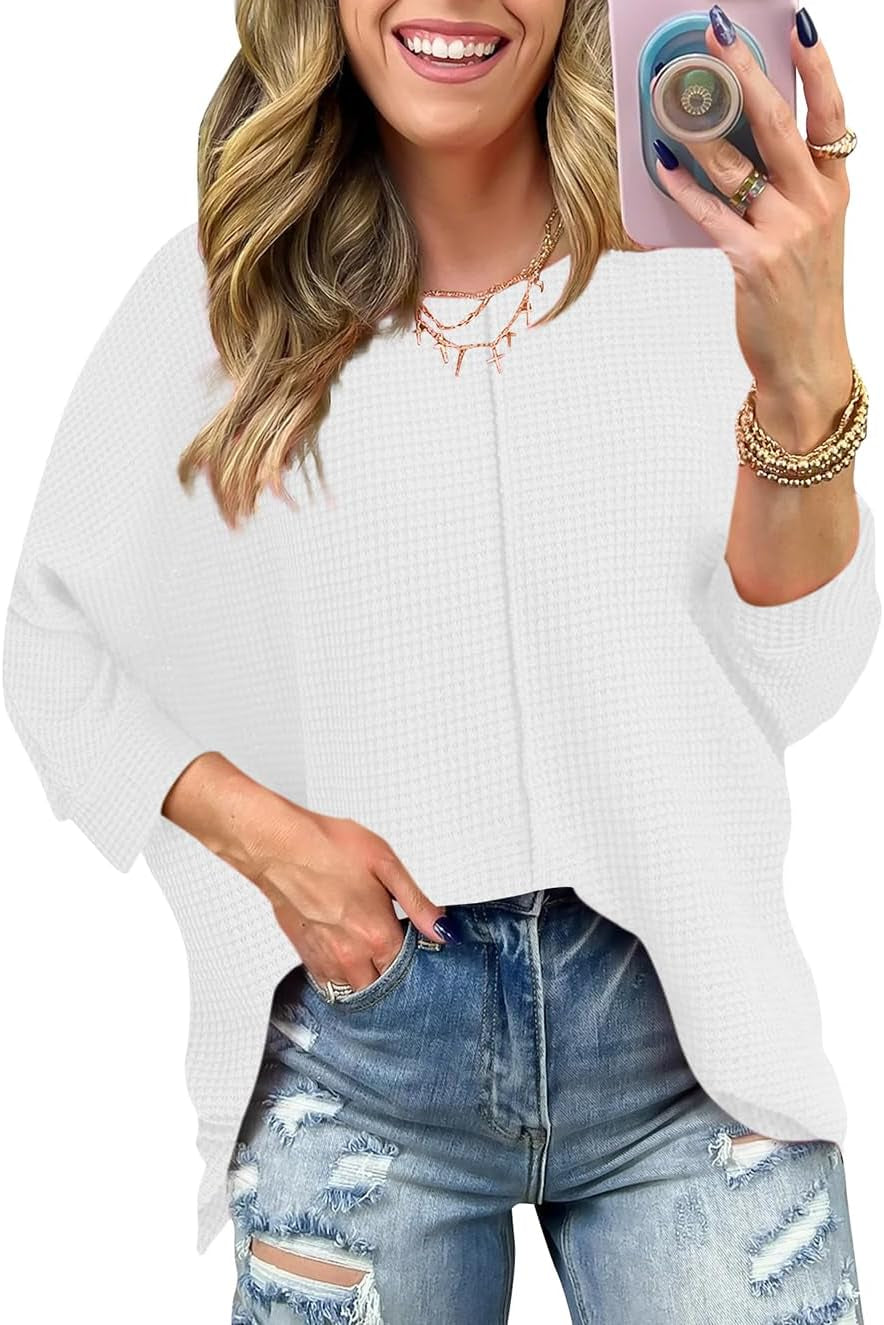 Poetsky Womens 2025 Spring 3/4 Sleeve Crewneck Waffle Knit Shirt Loose Casual Side Split Tunic Tops