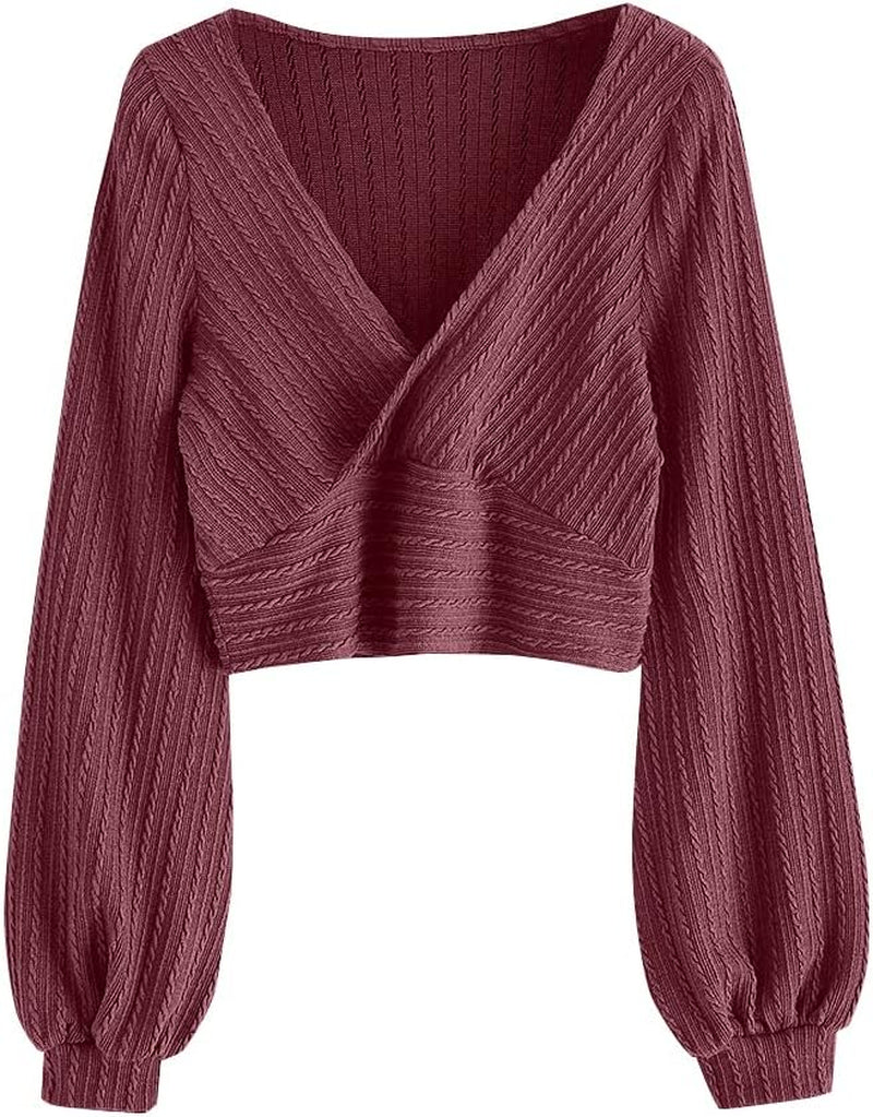 ZAFUL Women'S Pullover Ribbed Cropped Knitwear Drawstring Ruched Knitted Crop Top Solid V-Neck Long Sleeve T-Shirt