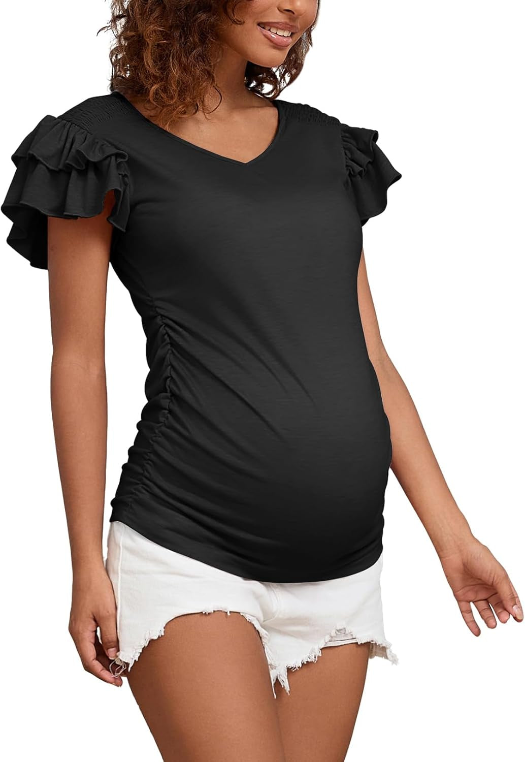 Bhome Maternity Summer Ruffle Tops,Casual Frilled V-Neck Short Sleeve Fitted Blouse Shirts Trendy for Women