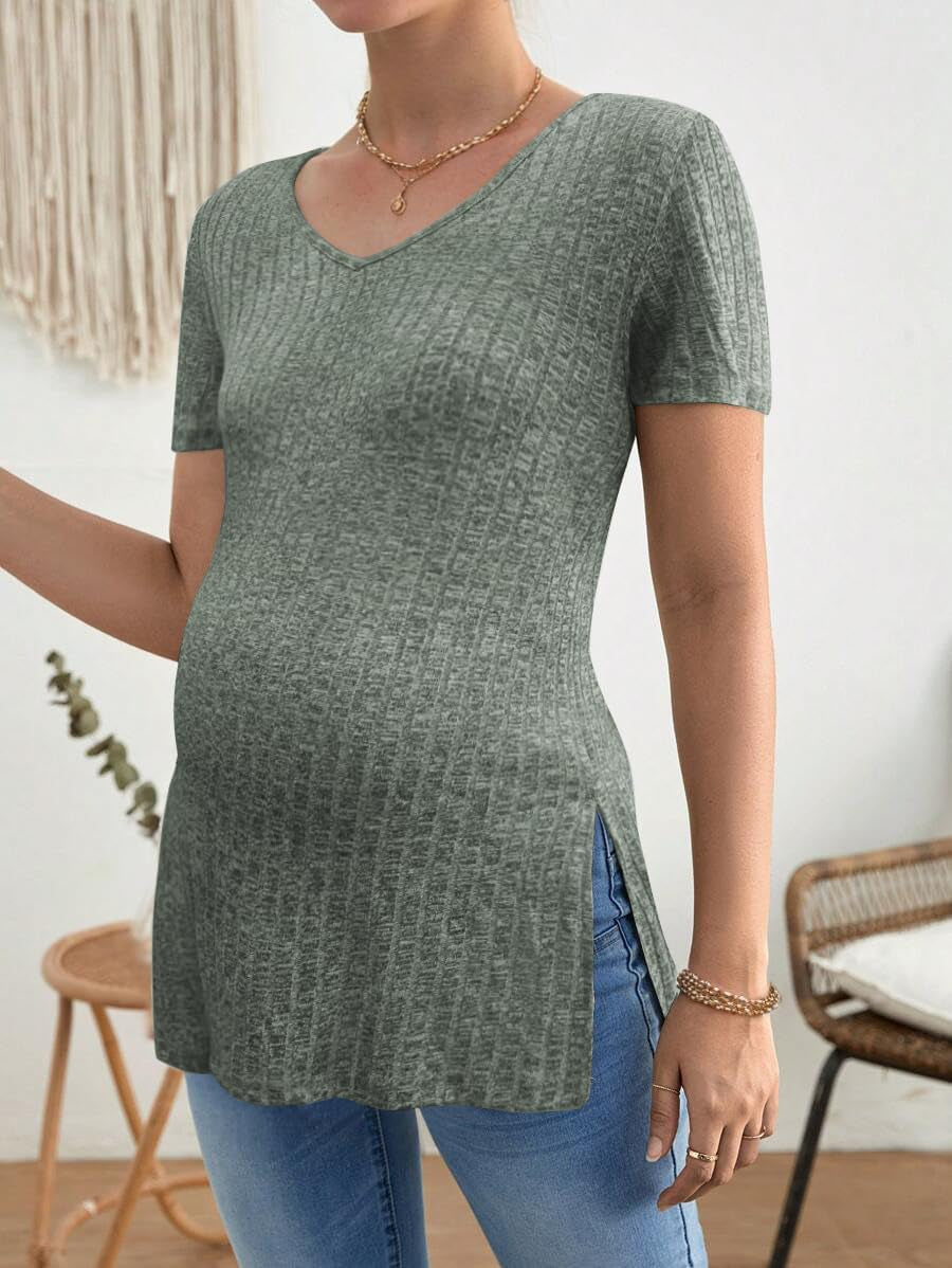 Jinigolla Women'S Maternity T Shirt Ribbed Knit Pregnancy Tops Side Split Casual Maternity Blouse