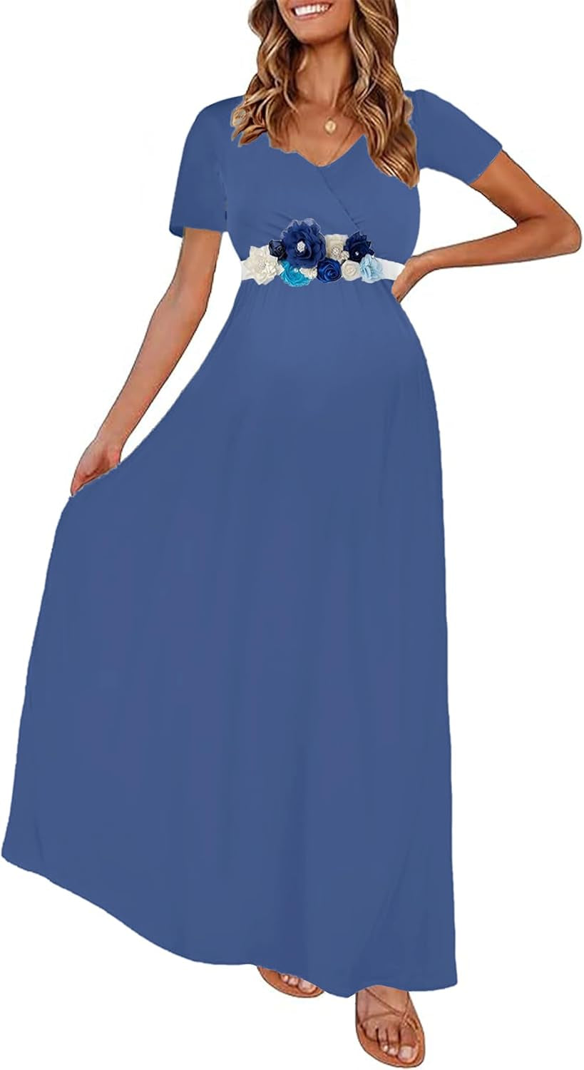 KIM S Maternity Maxi Dress with Flower Sash(S-3Xl)/Wrapped Ruched V Neck Photoshoot Baby Shower Dresses