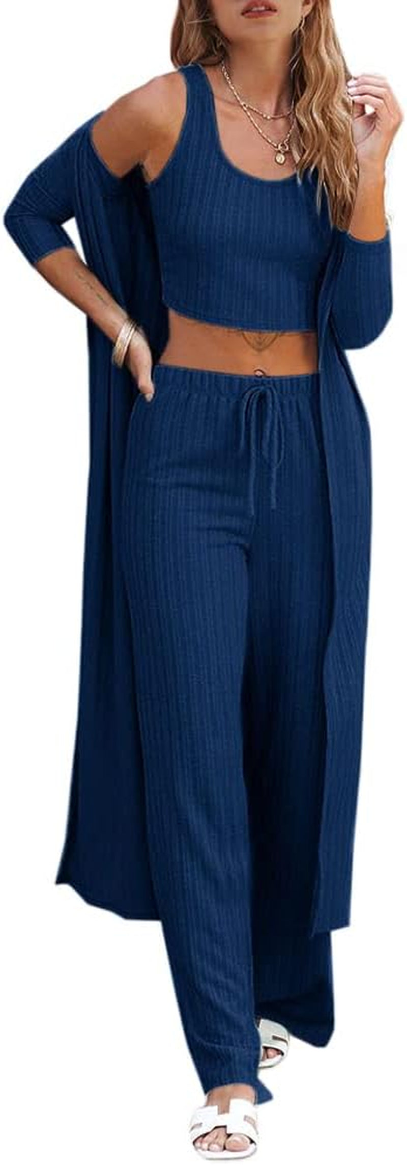 Fessceruna Womens 3 Piece Lounge Sets Pajamas Knit Long Sleeve Cardigan Crop Top Wide Leg Pants Loungewear Set
