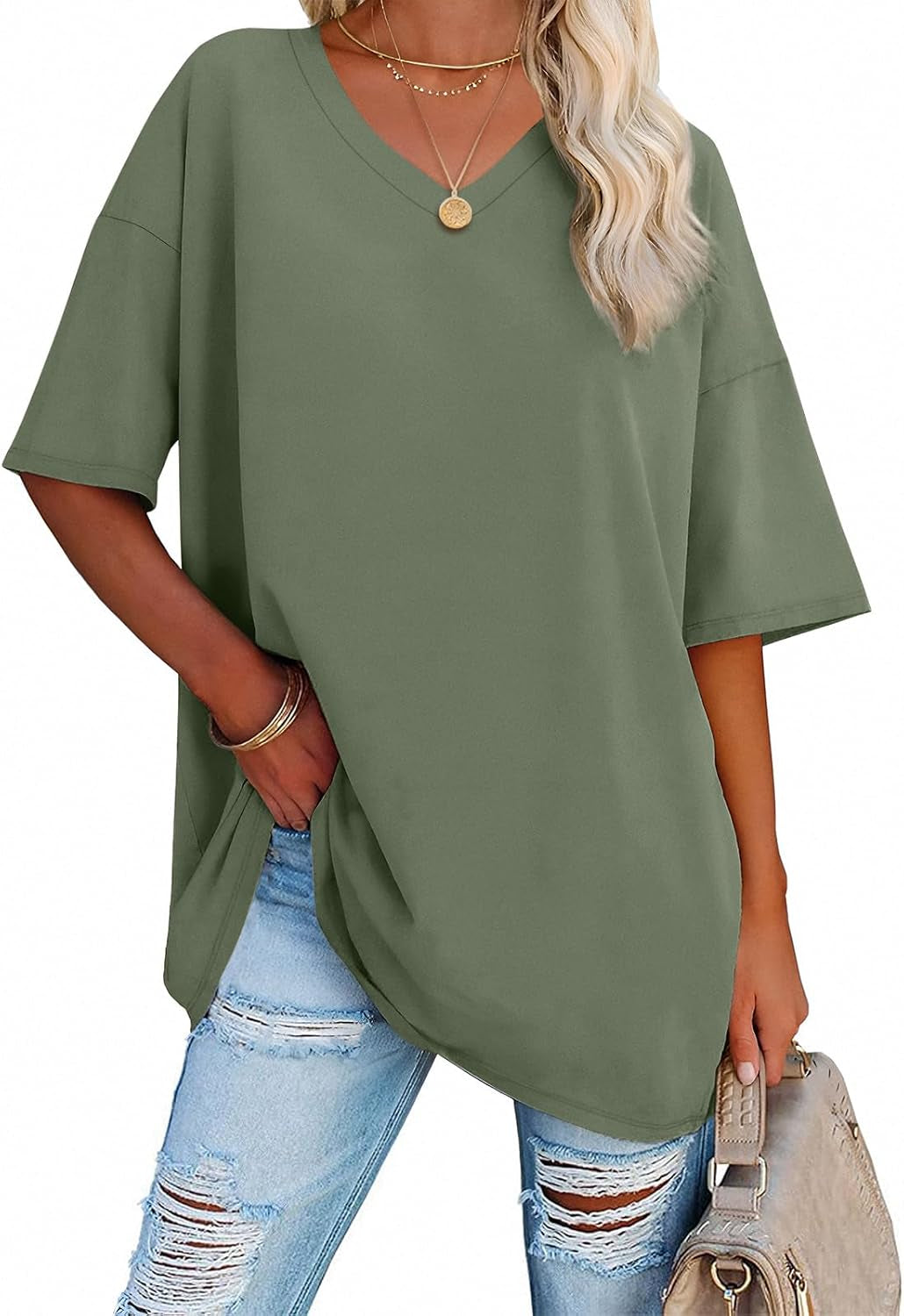 ATHMILE Womens Summer Oversized Shirts V Neck Business Casual Workout Tops Beach Vacation 2025 Gym Clothes