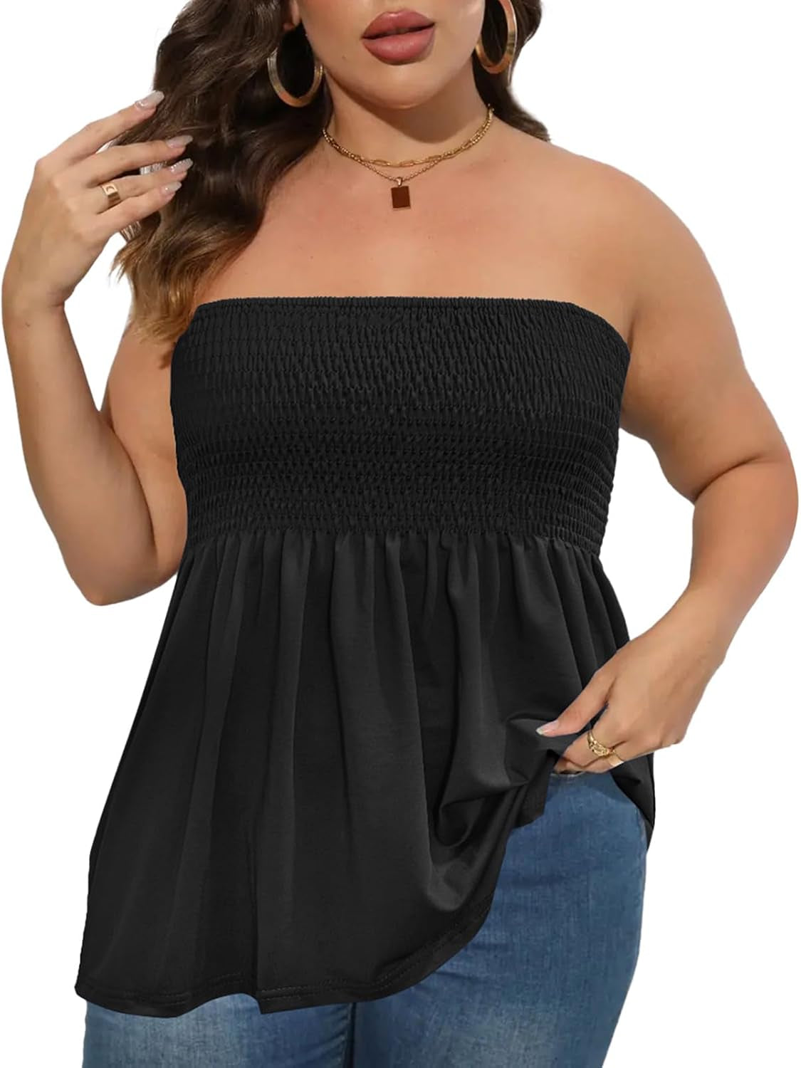 Comeon Women'S plus Size Tube Tops Strapless Blouse Pleated Sleeveless Stretchy Sleeveless Flare Hem Tube